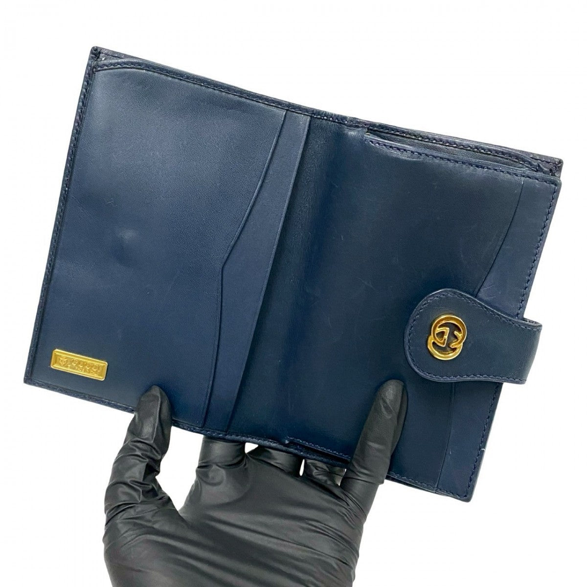 GUCCI Bifold Wallet Leather, PVC Navy Micro GG logo Women Used Authentic
