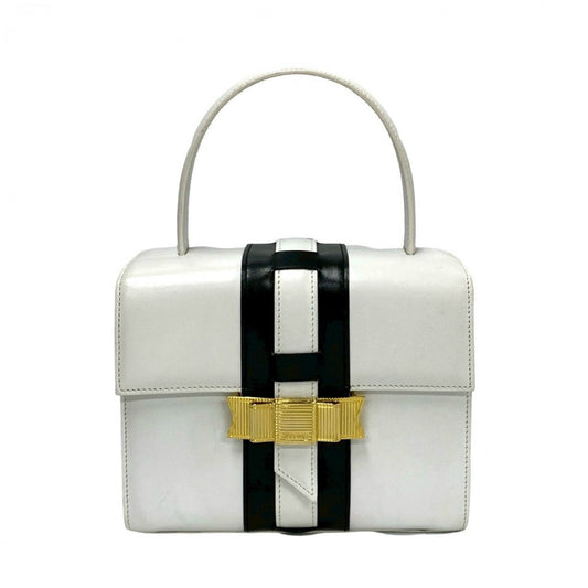 CELINE Handbag leather white logo ribbon Metal Women Used Authentic