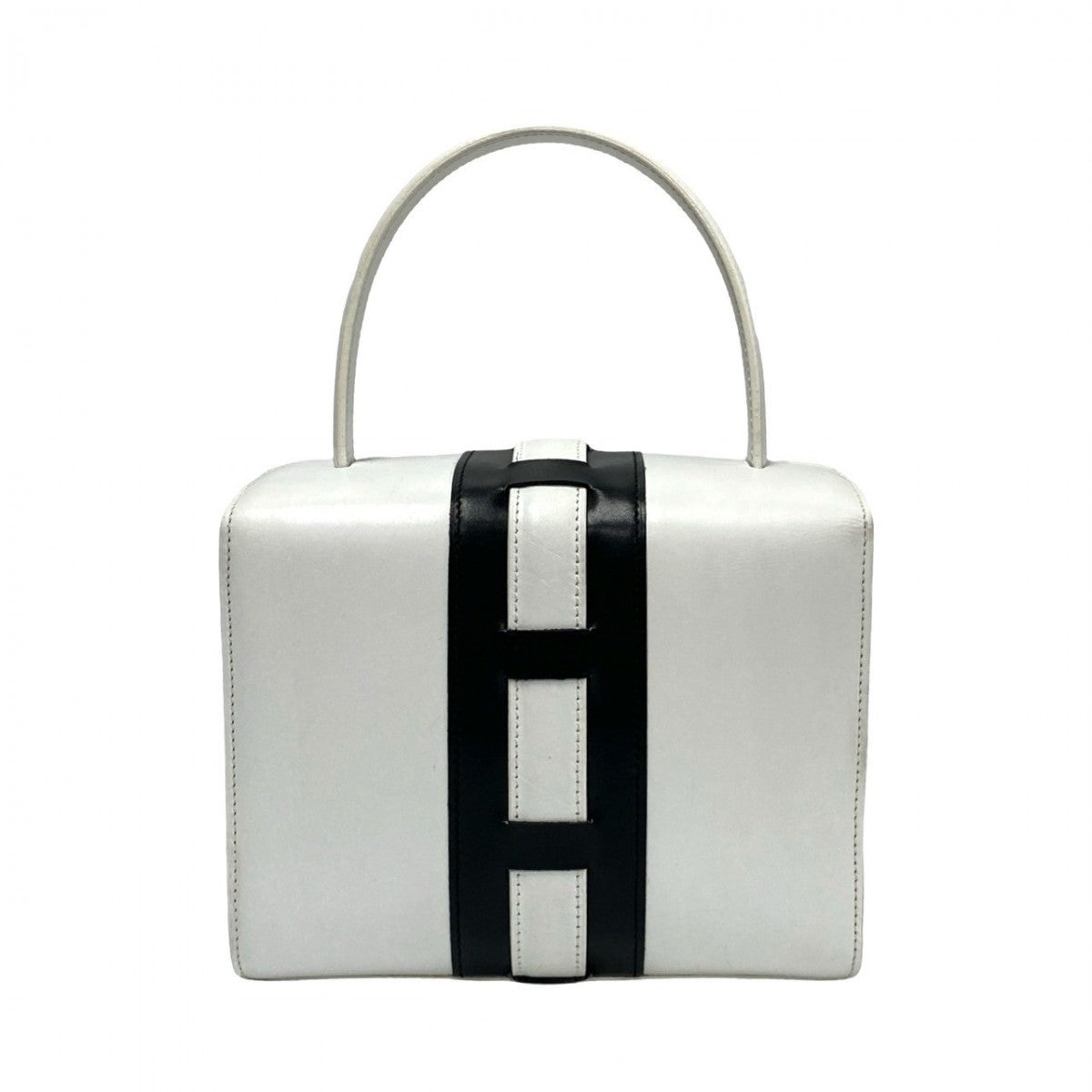 CELINE Handbag leather white logo ribbon Metal Women Used Authentic