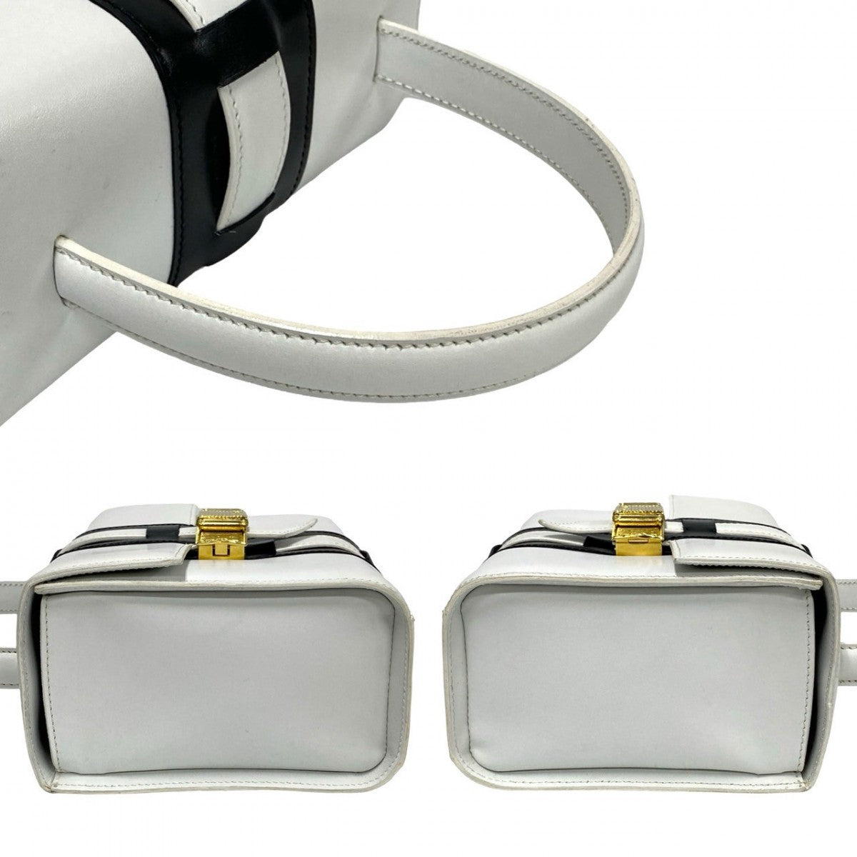 CELINE Handbag leather white logo ribbon Metal Women Used Authentic