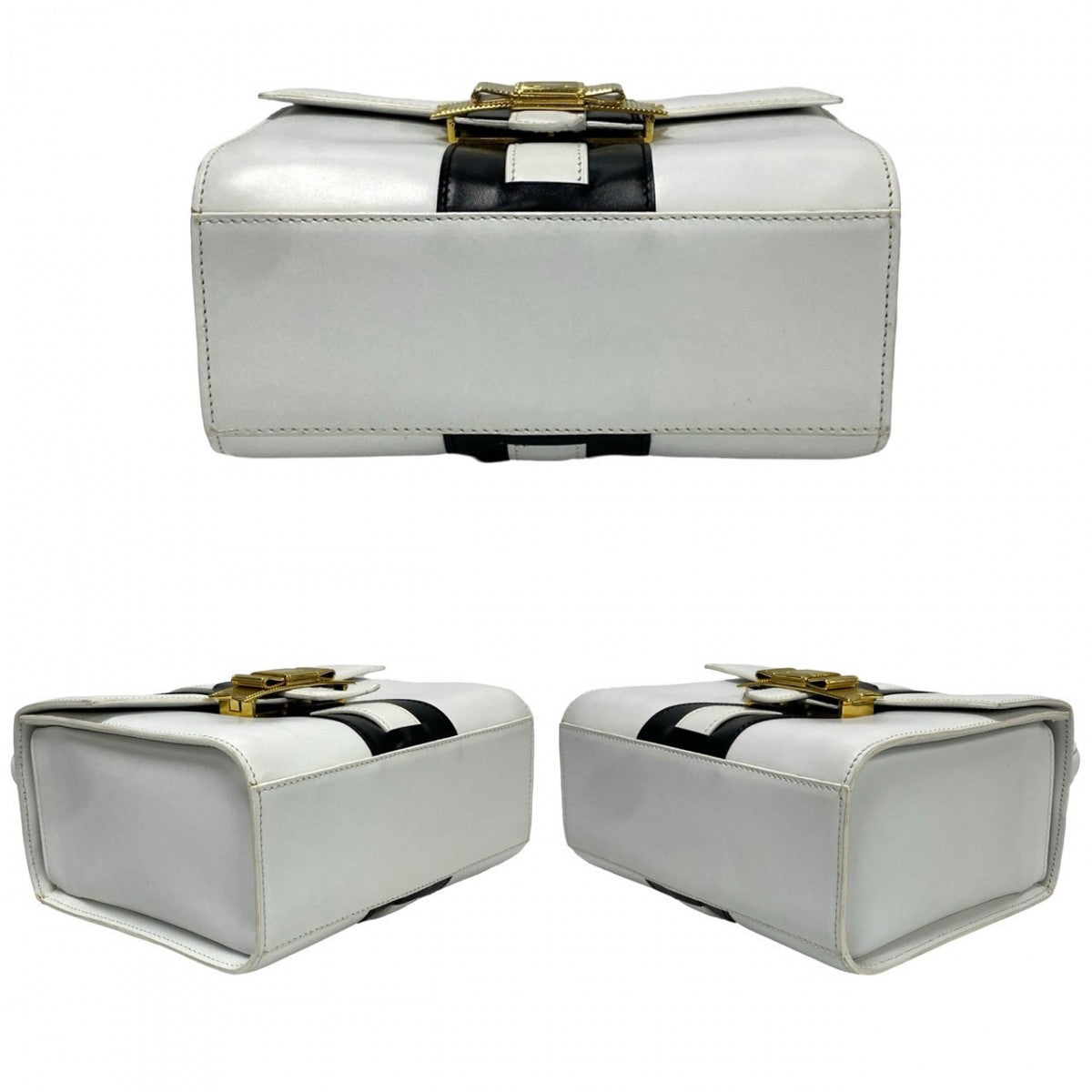 CELINE Handbag leather white logo ribbon Metal Women Used Authentic