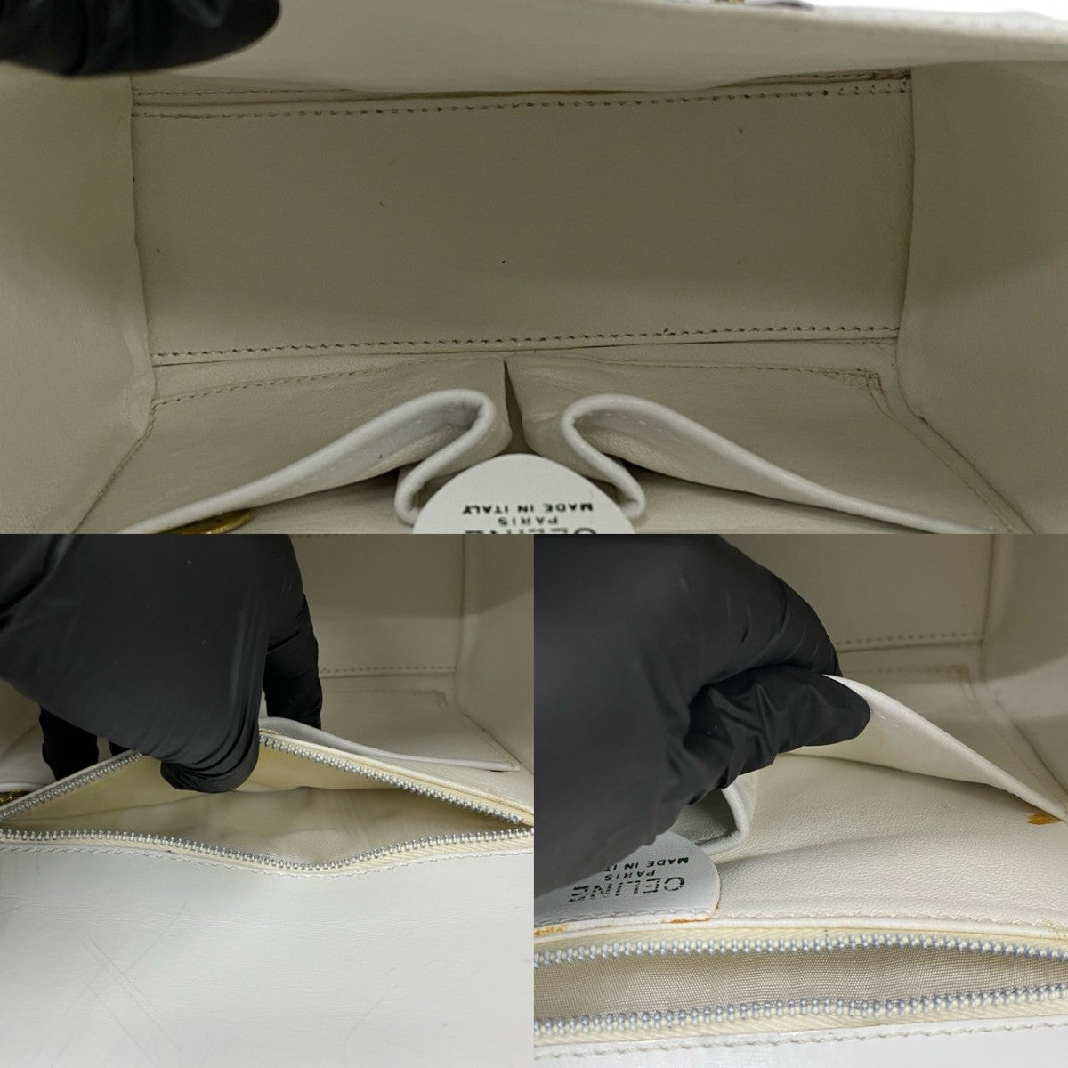 CELINE Handbag leather white logo ribbon Metal Women Used Authentic