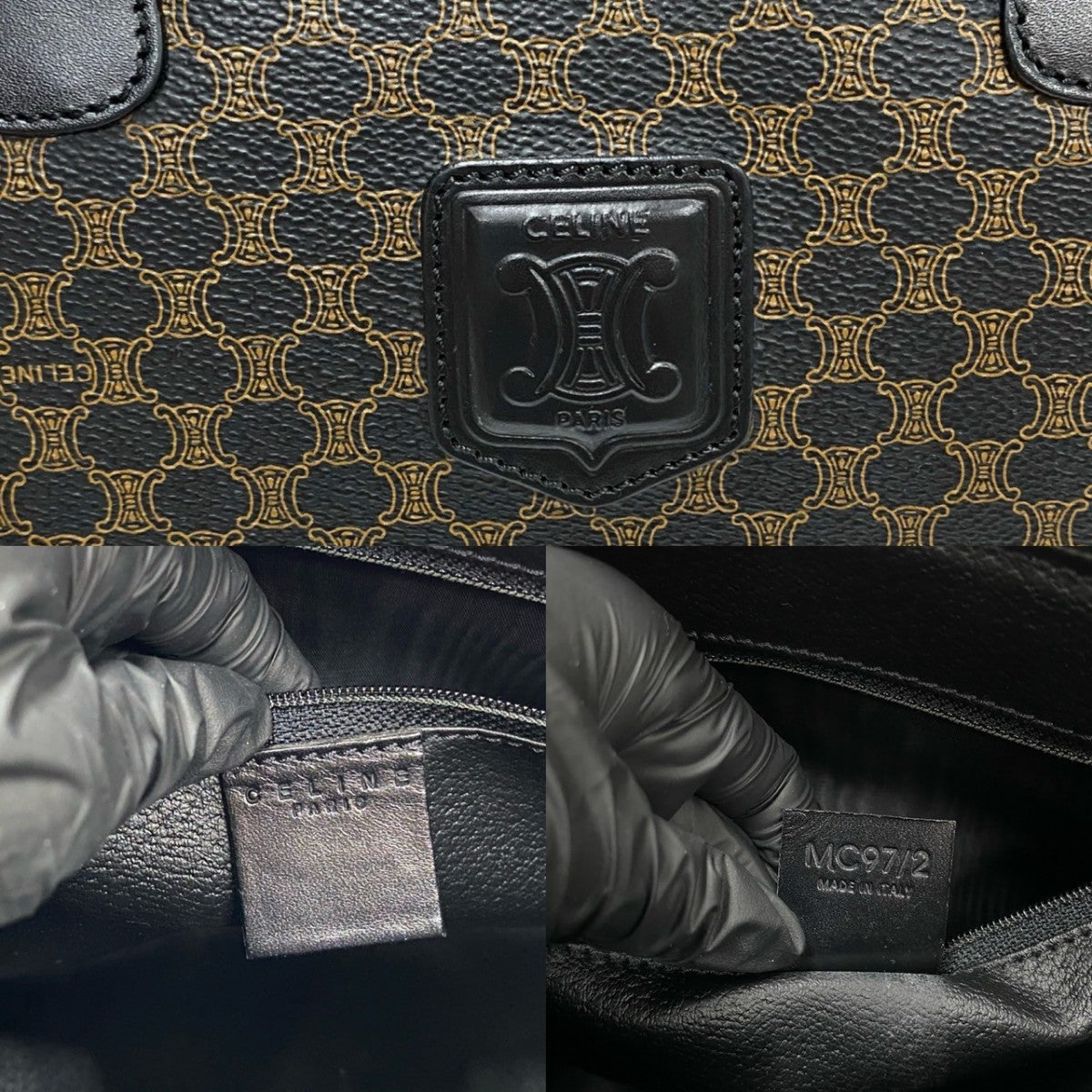 CELINE Handbag Leather, PVC black Macadam Blason Triomphe Pattern Women Used Authentic