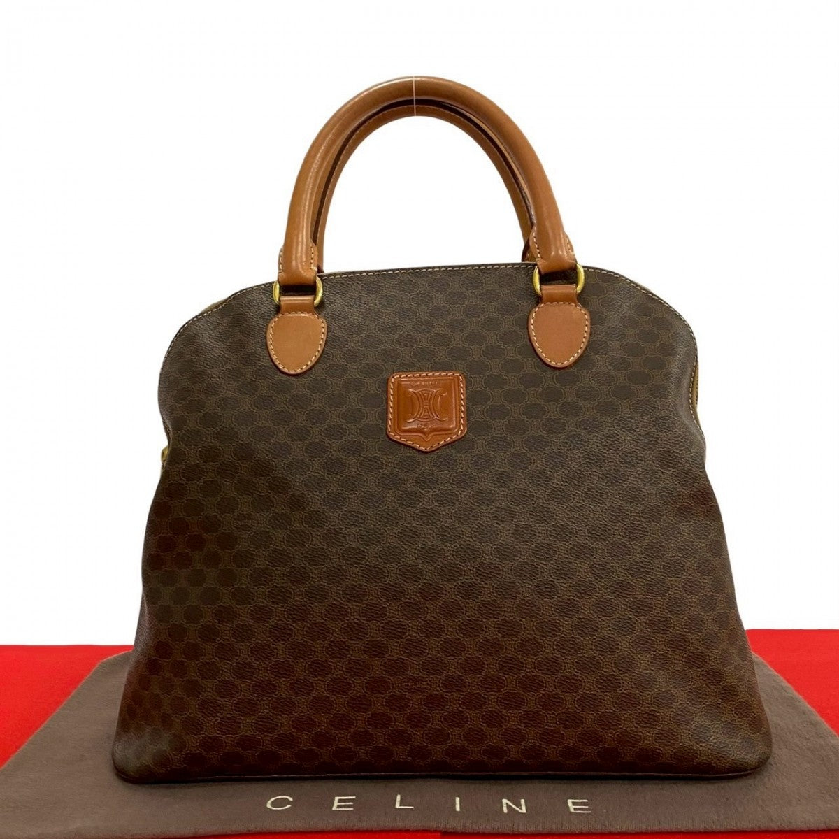 CELINE Handbag Leather, PVC Brown Macadam Blason Triomphe Pattern Women Used Authentic