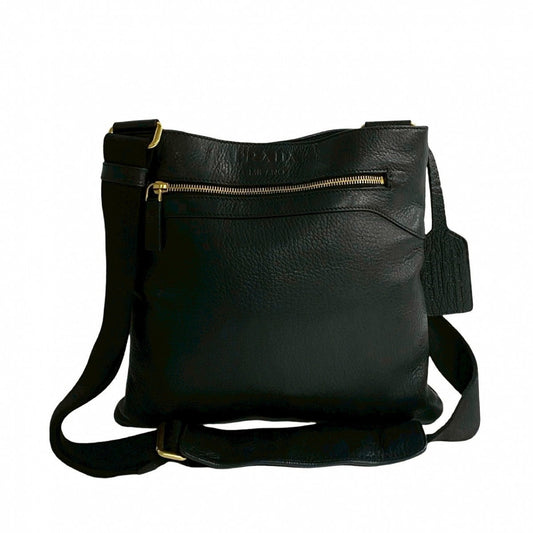 PRADA Shoulder Bag leather black Logo embossing Women Used Authentic