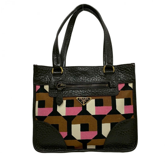 PRADA Handbag Leather, Canvas Brown Triangle Logo Metal Women Used Authentic