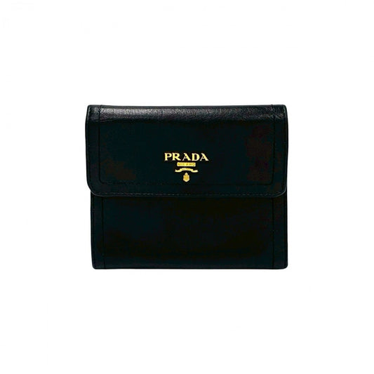 PRADA Tri-fold wallet leather black PRADA logo Metal mens Used Authentic