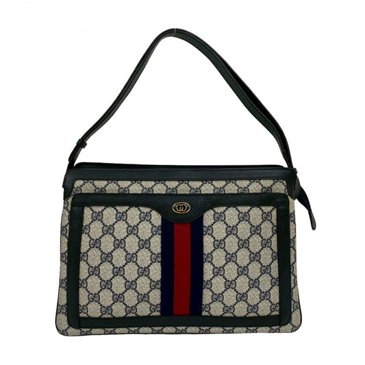 GUCCI Shoulder Bag Leather, PVC Navy GG logo Metal Sherry line Women Used Authentic