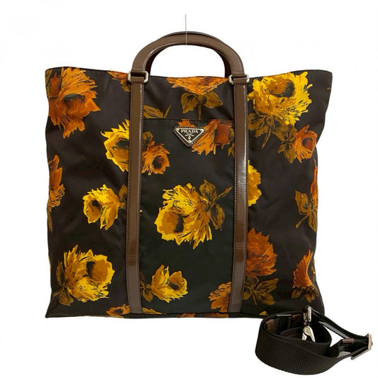 PRADA Shoulder Bag Leather, Nylon Brown floral triangle logo Women Used Authentic