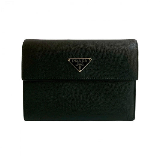 PRADA Tri-fold wallet leather black Triangle Logo Metal Women Used Authentic