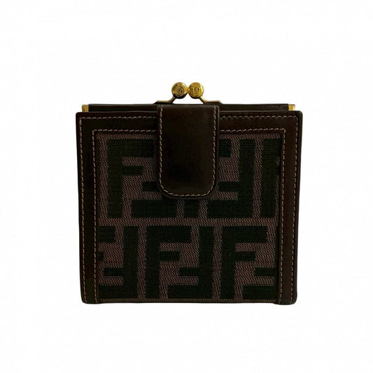 FENDI Bifold Wallet Canvas, Leather Brown Zucca FF Pattern Women Used Authentic