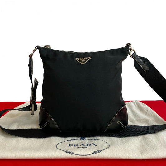 PRADA Shoulder Bag Nylon, Leather black PRADA triangle logo Metal Women Used Authentic