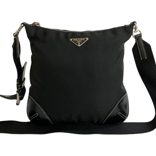 PRADA Shoulder Bag Nylon, Leather black PRADA triangle logo Metal Women Used Authentic