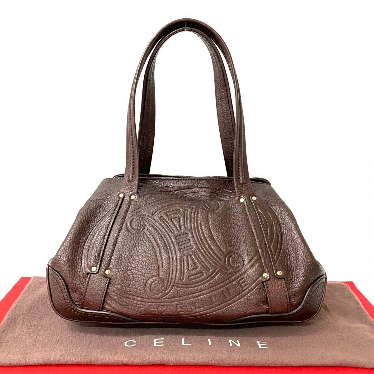 CELINE Handbag leather Brown Triomphe logo embossed Women Used Authentic