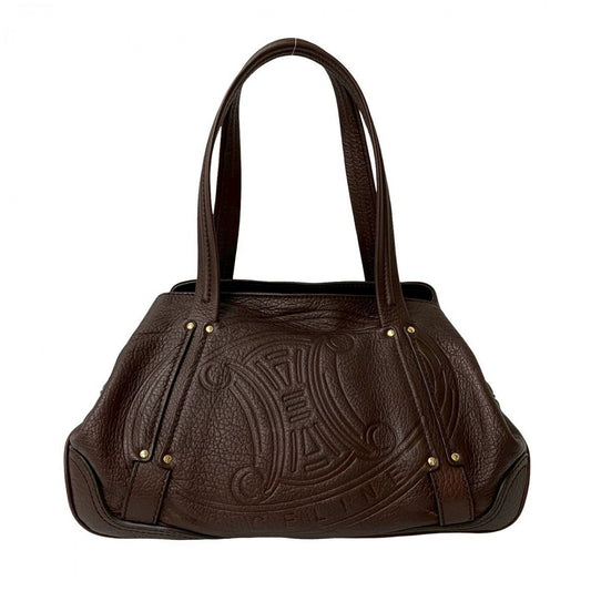 CELINE Handbag leather Brown Triomphe logo embossed Women Used Authentic