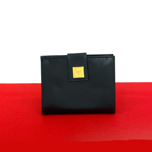 CELINE Bifold Wallet Calfskin, Leather Navy logo Metal Women(Unisex) Used Authentic