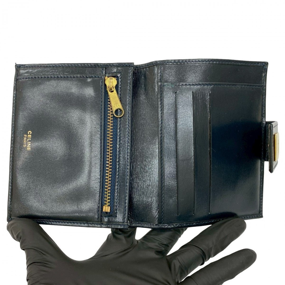 CELINE Bifold Wallet Calfskin, Leather Navy logo Metal Women(Unisex) Used Authentic