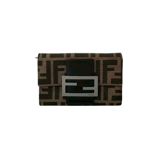 FENDI Bifold Wallet Canvas, Leather Brown Zucca FF logo Pattern Women Used Authentic