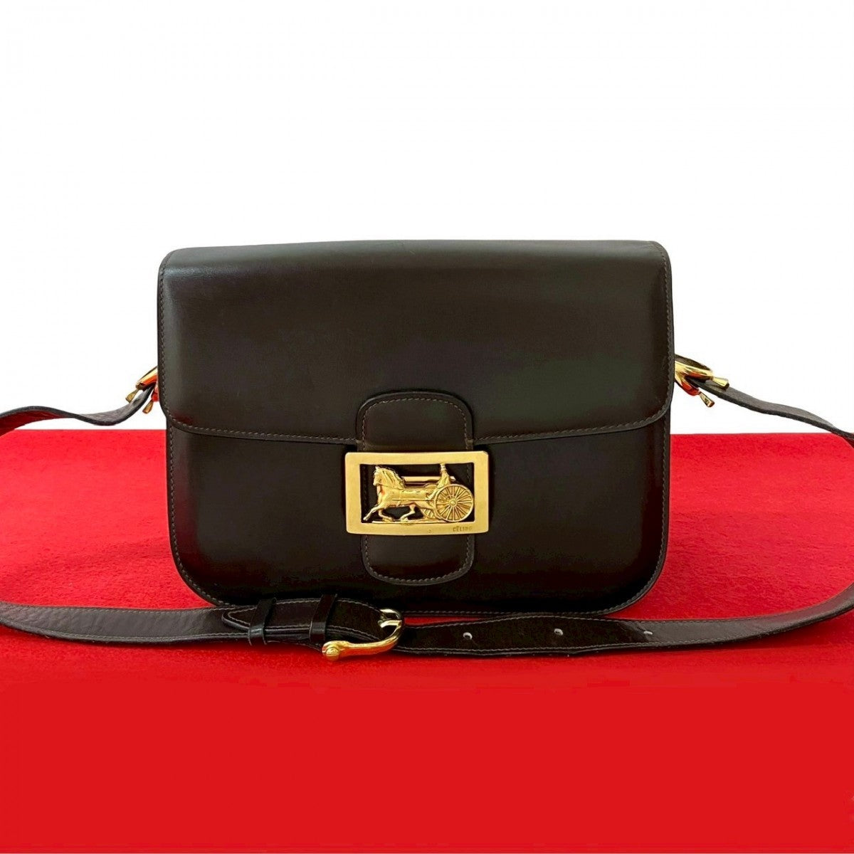 CELINE Shoulder Bag leather Brown logo carriage Metal Women Used Authentic