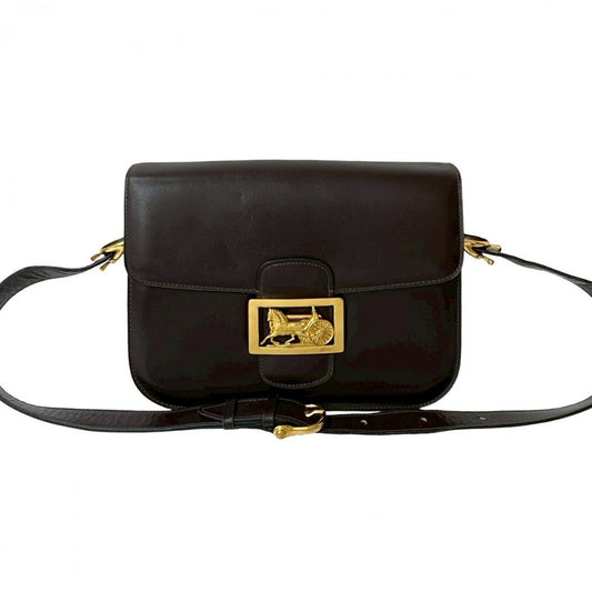 CELINE Shoulder Bag leather Brown logo carriage Metal Women Used Authentic