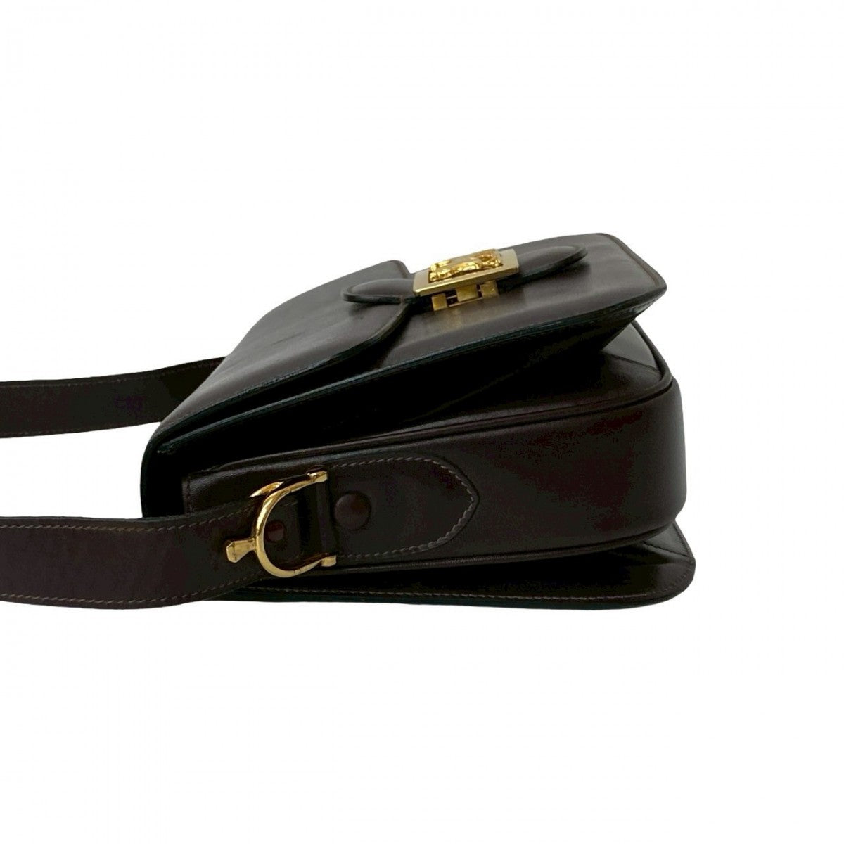 CELINE Shoulder Bag leather Brown logo carriage Metal Women Used Authentic