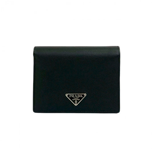 PRADA Bifold Wallet leather black Triangle Logo Metal mens Used Authentic