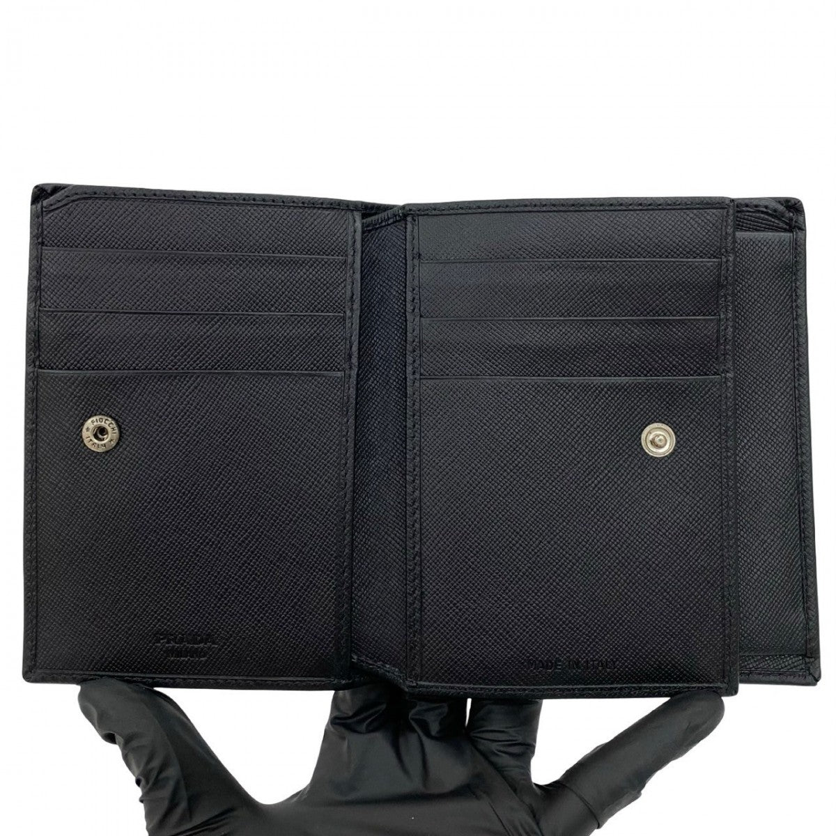 PRADA Bifold Wallet leather black Triangle Logo Metal mens Used Authentic