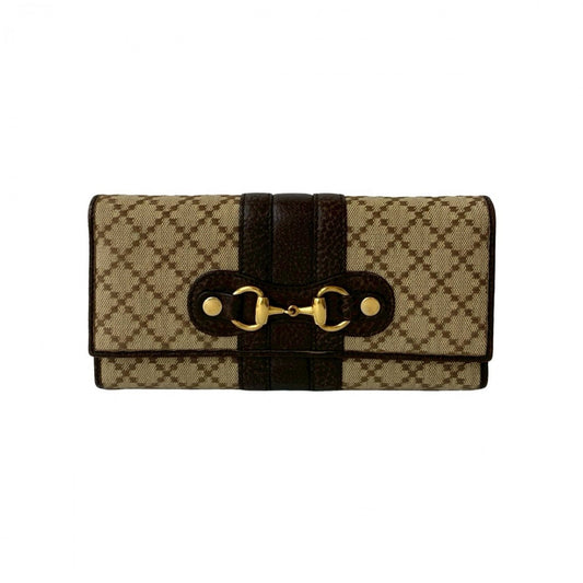 GUCCI Long Wallet Purse Leather, Canvas beige Diamante Horsebit Women Used Authentic