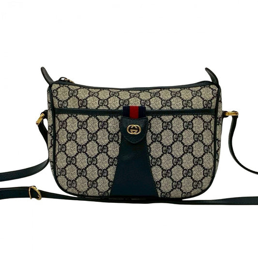 GUCCI Shoulder Bag Leather, PVC Navy GG logo Metal Sherry line Women Used Authentic