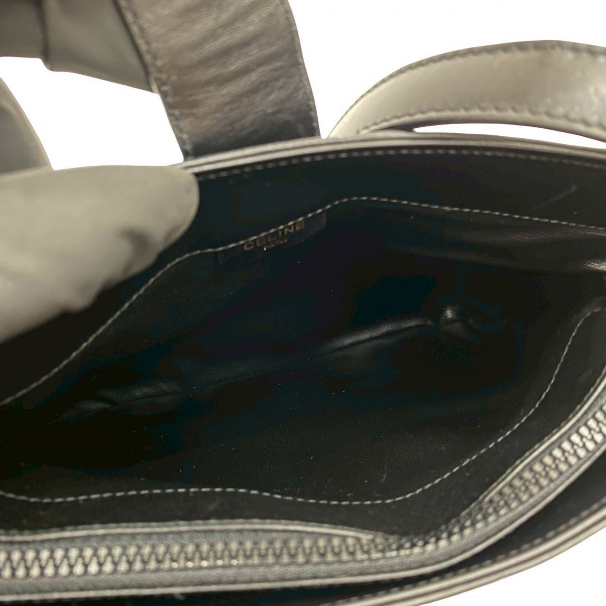 CELINE Shoulder Bag leather black Triomphe logo Metal Women Used Authentic