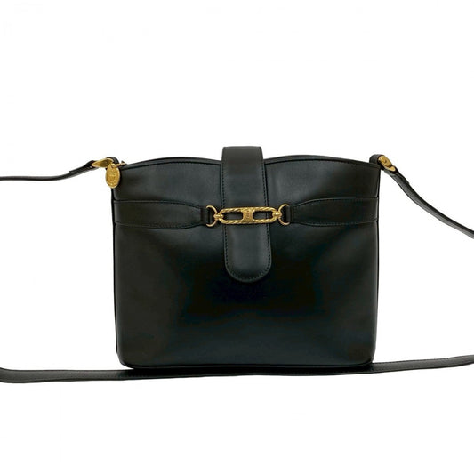 CELINE Shoulder Bag leather black Triomphe logo Metal Women Used Authentic