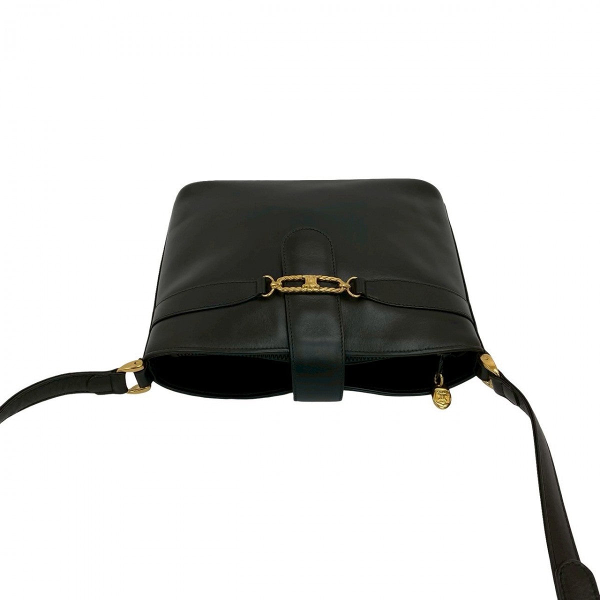 CELINE Shoulder Bag leather black Triomphe logo Metal Women Used Authentic