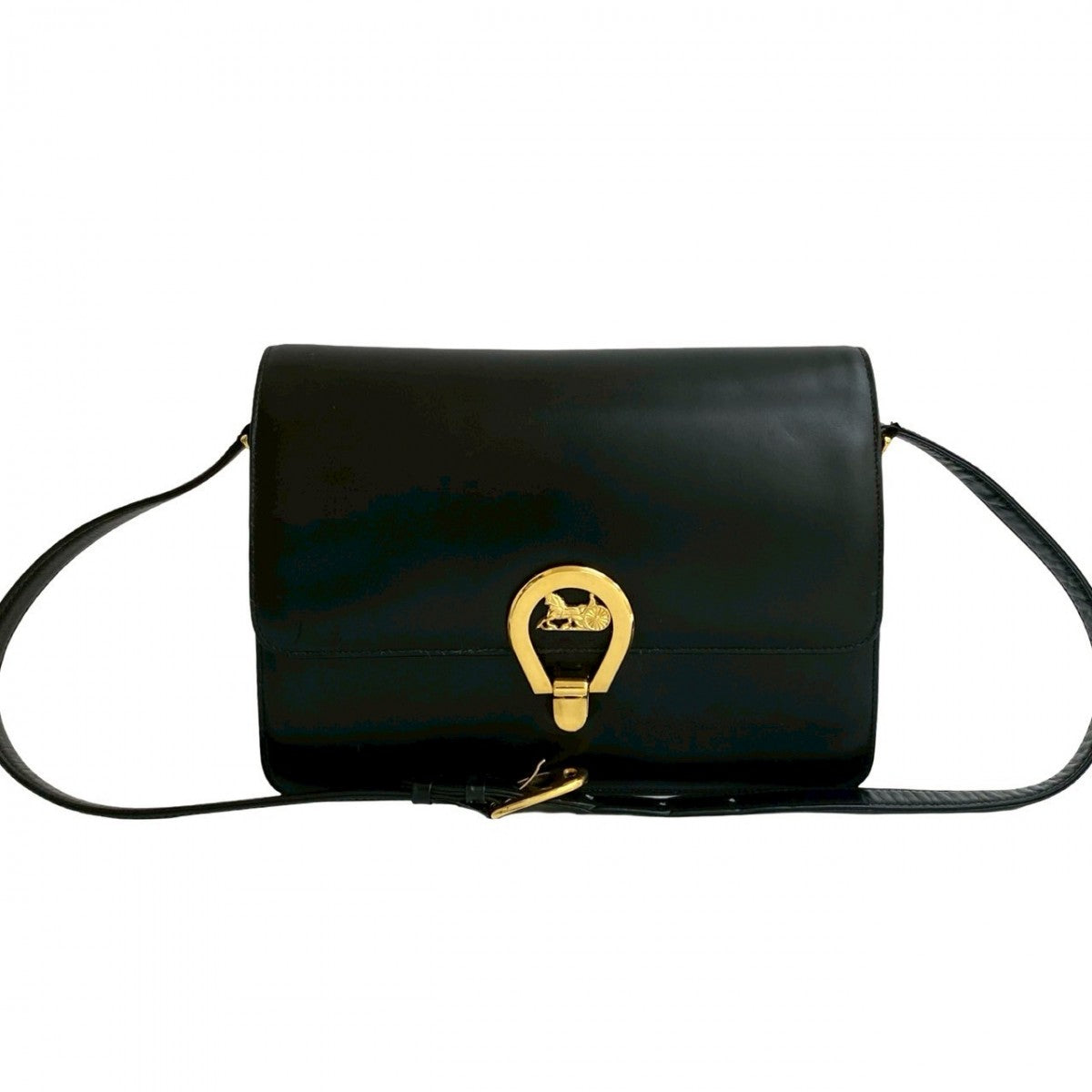 CELINE Shoulder Bag leather black Carriage Metal Women Used Authentic