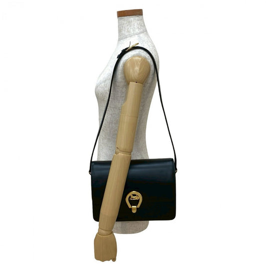 CELINE Shoulder Bag leather black Carriage Metal Women Used Authentic