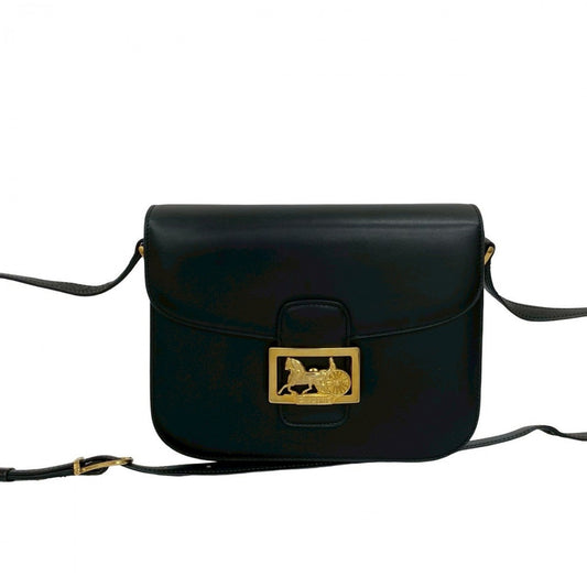 CELINE Shoulder Bag leather black Carriage Metal Women Used Authentic