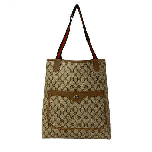 GUCCI Tote Bag Leather, PVC Brown GG logo Metal Sherry line Women Used Authentic