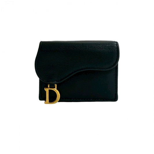 Dior Tri-fold wallet leather black saddle lotus wallet