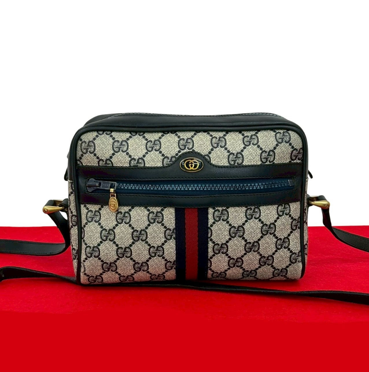 GUCCI Shoulder Bag leather Navy Sherry line