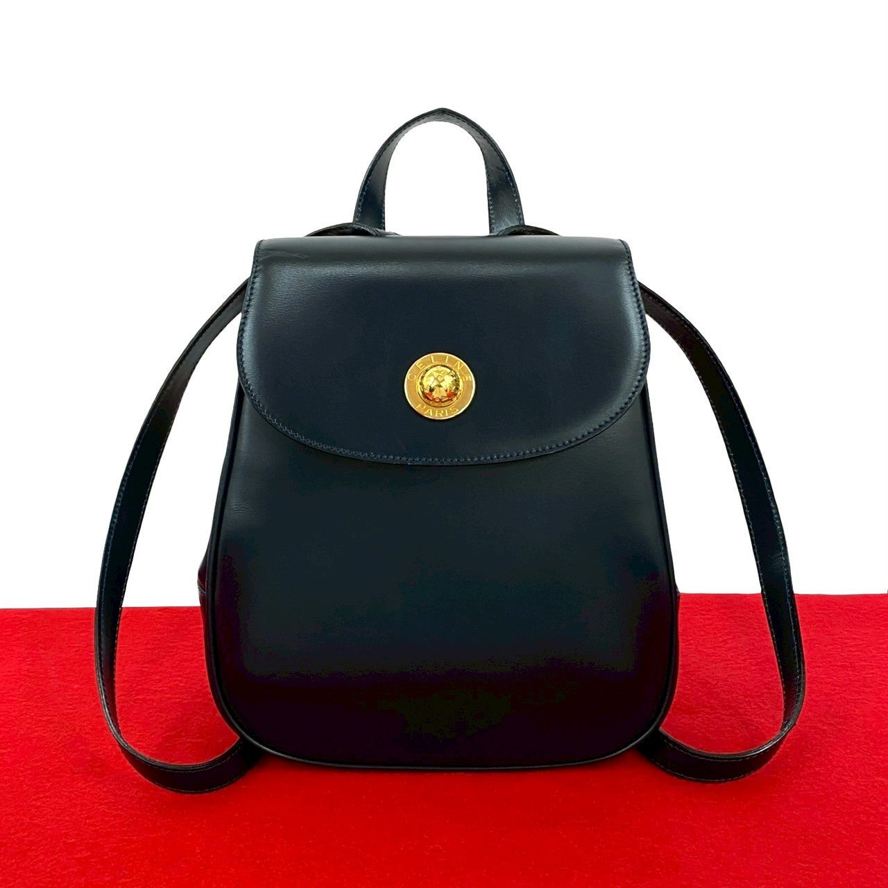 Celine Navy Blue Leather Drawstring Backpack CELINE Backpack Drawstring Bag Leather Black Excellent  main image 3