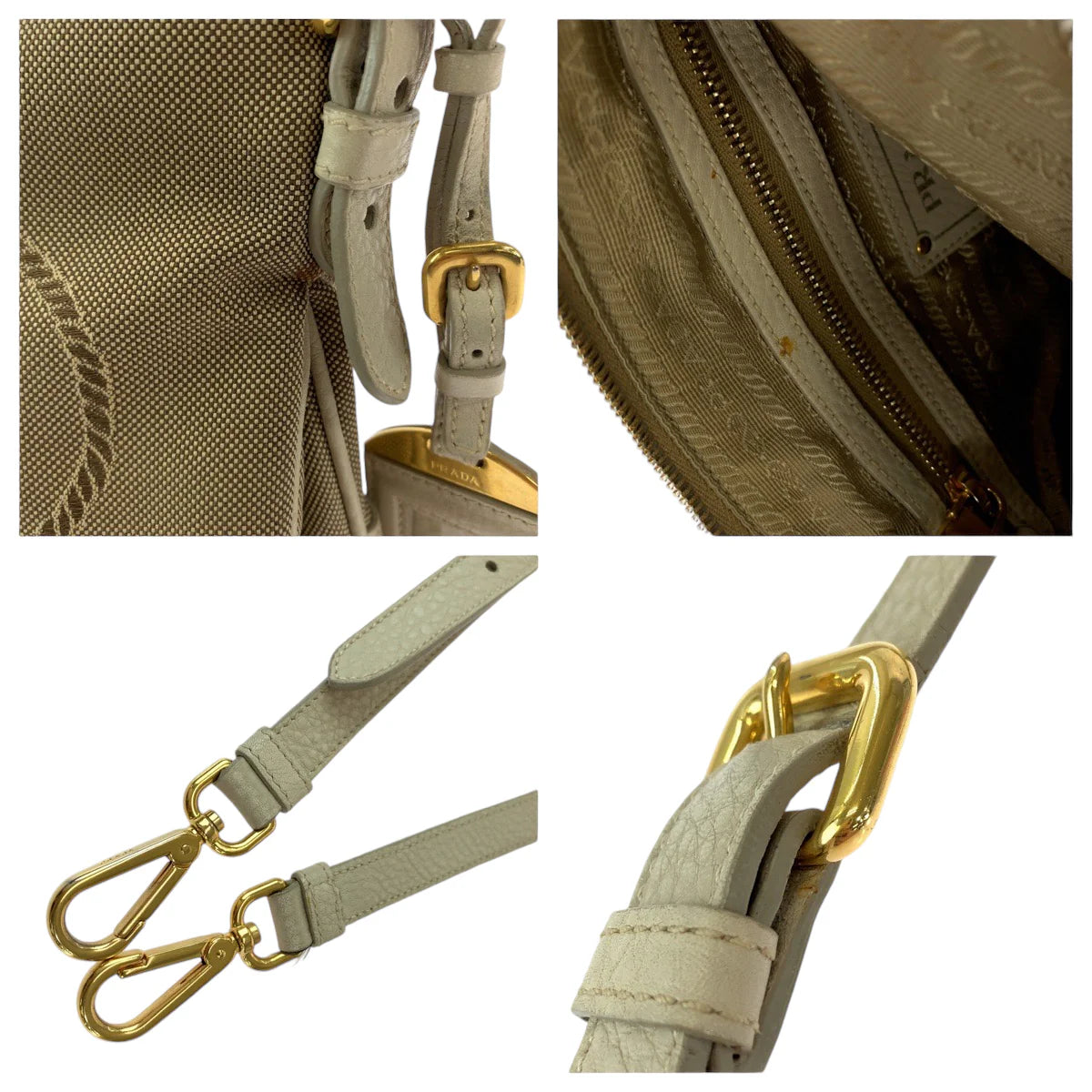PRADA Jacquard Messenger Bag Beige Ivory Gold Women Used Authentic