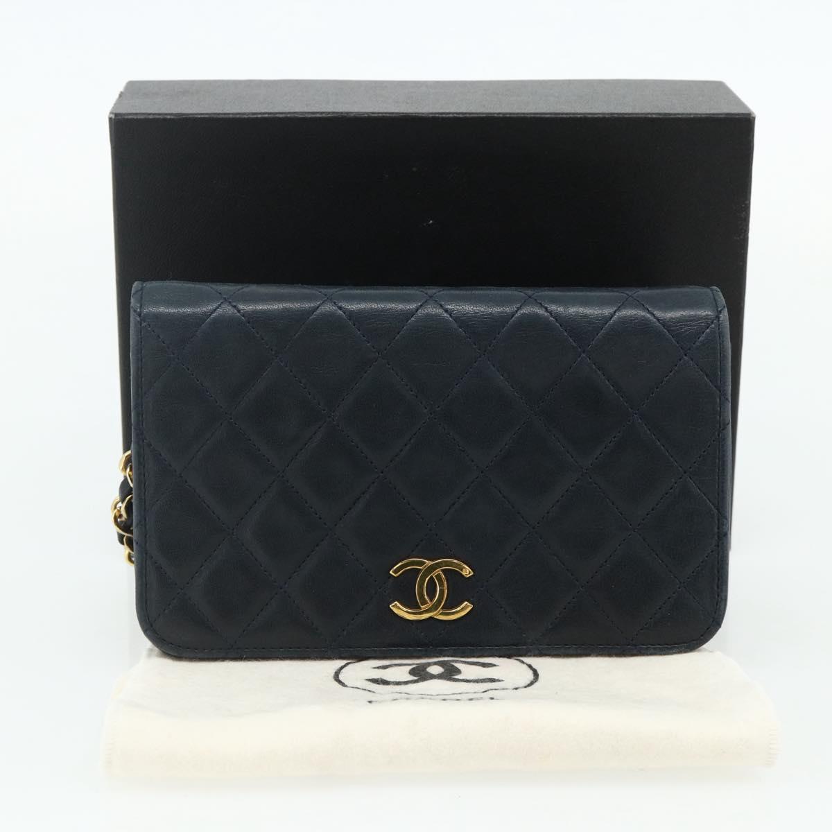 CHANEL Push Lock Chain Shoulder Bag Lambskin Navy Gold CC