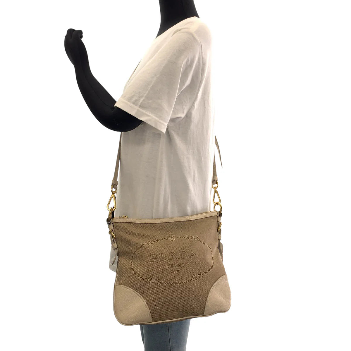 PRADA Jacquard Messenger Bag Beige Ivory Gold Women Used Authentic