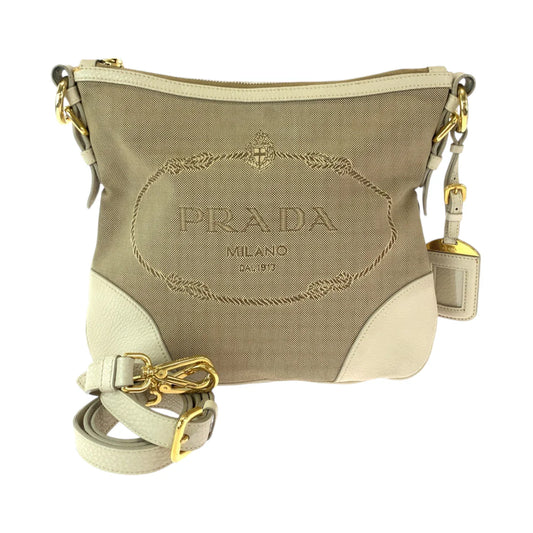 PRADA Jacquard Messenger Bag Beige Ivory Gold Women Used Authentic