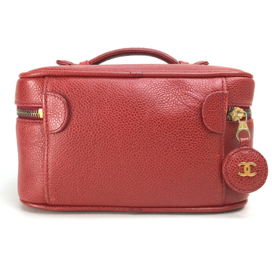 CHANEL Handbag Caviar skin Red x Gold Metal CC COCO Mark Horizontal Cosmetics Pouch Women Used Authentic