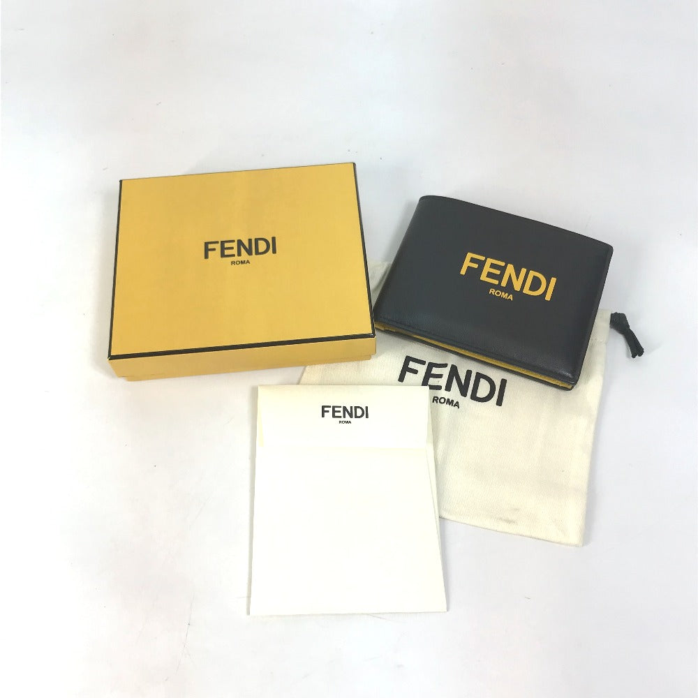 FENDI Folded wallet 7M0001 leather Black x yellow logo mens Used Authentic