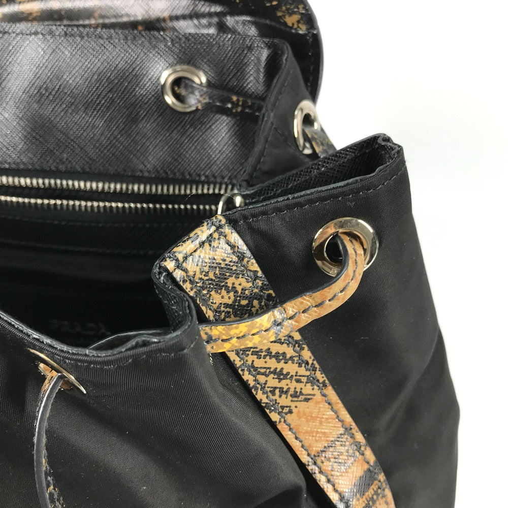 PRADA Backpack 1BZ038 Nylon / leather black Triangle logo plate check mens Used Authentic