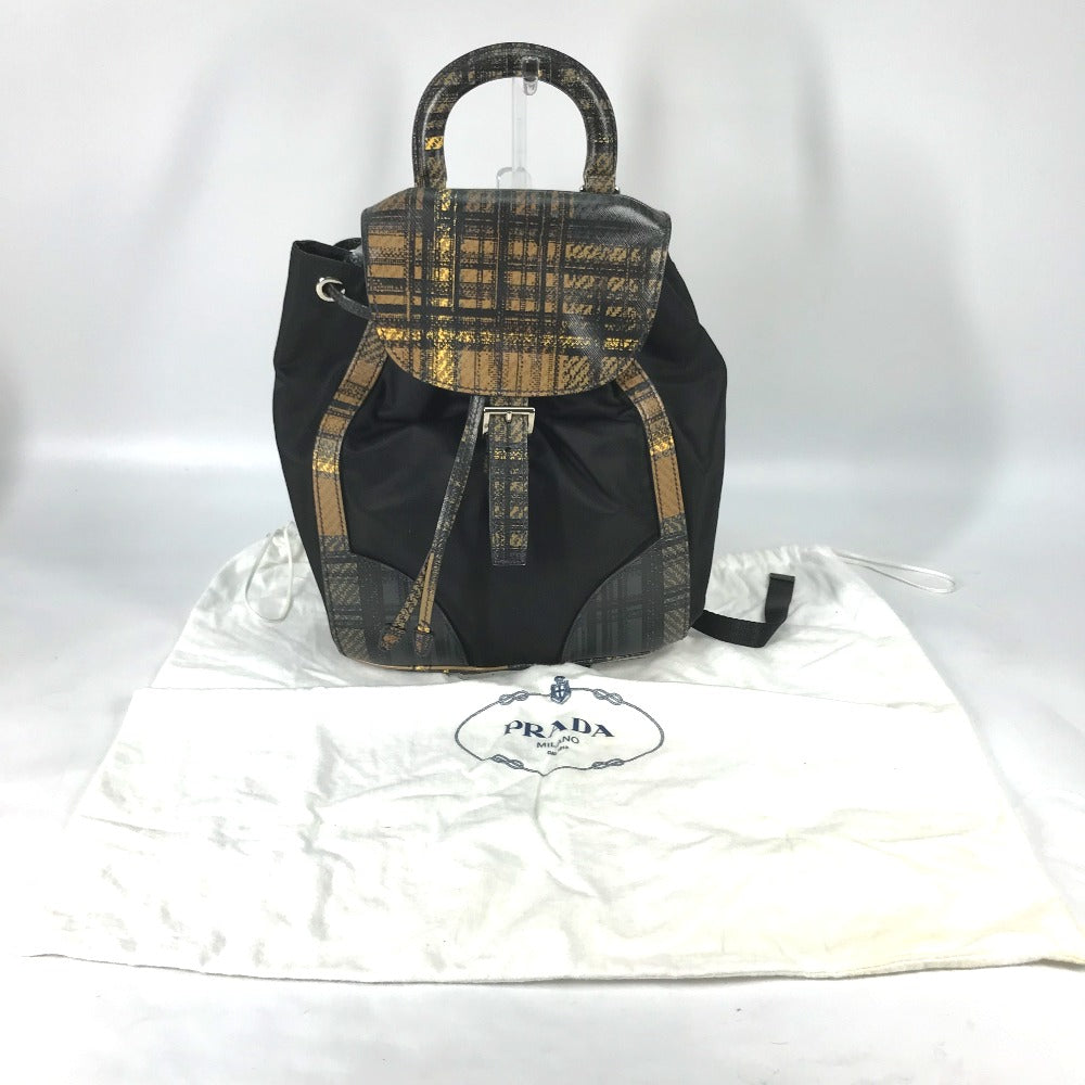 PRADA Backpack 1BZ038 Nylon / leather black Triangle logo plate check mens Used Authentic