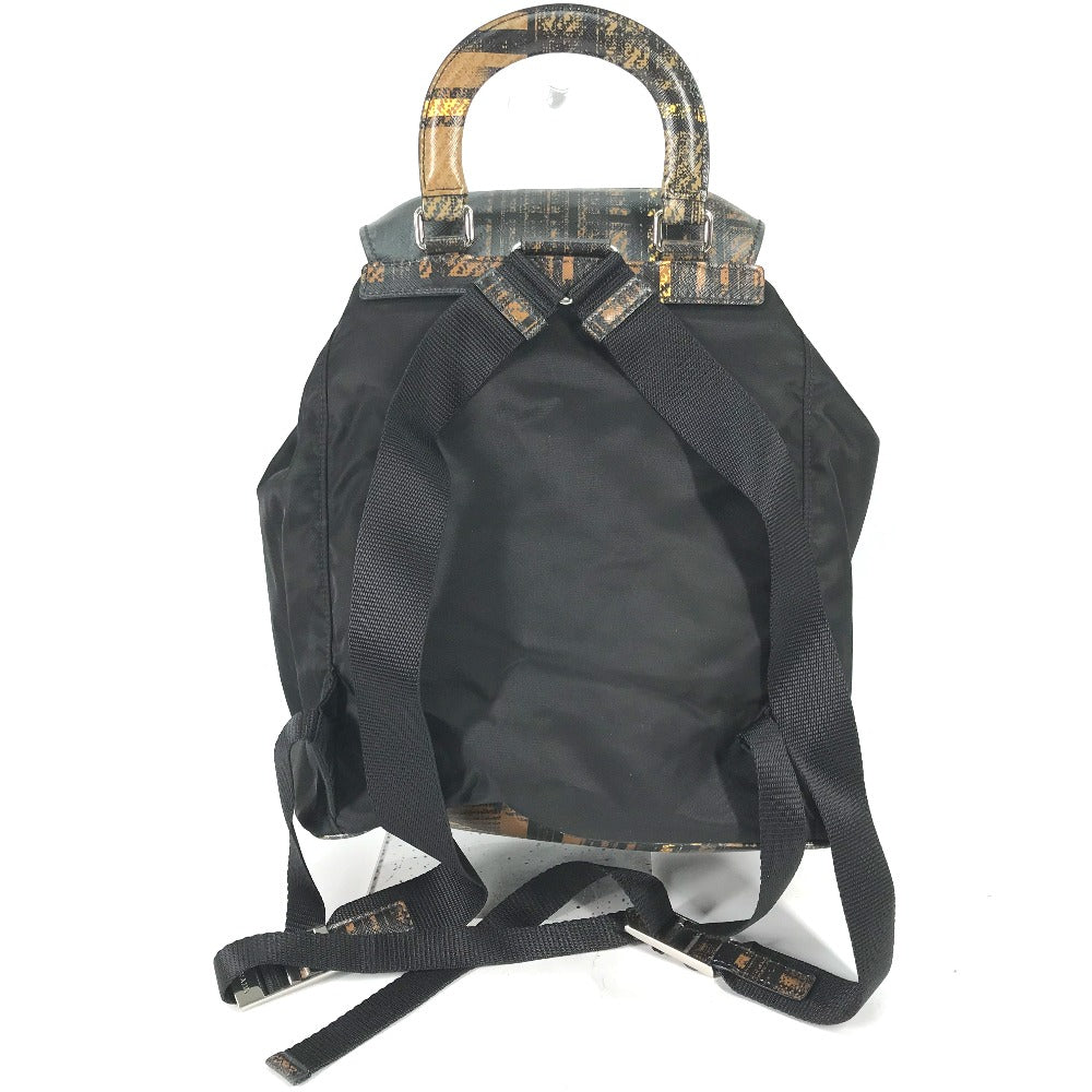 PRADA Backpack 1BZ038 Nylon / leather black Triangle logo plate check mens Used Authentic