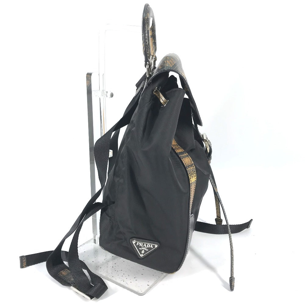 PRADA Backpack 1BZ038 Nylon / leather black Triangle logo plate check mens Used Authentic