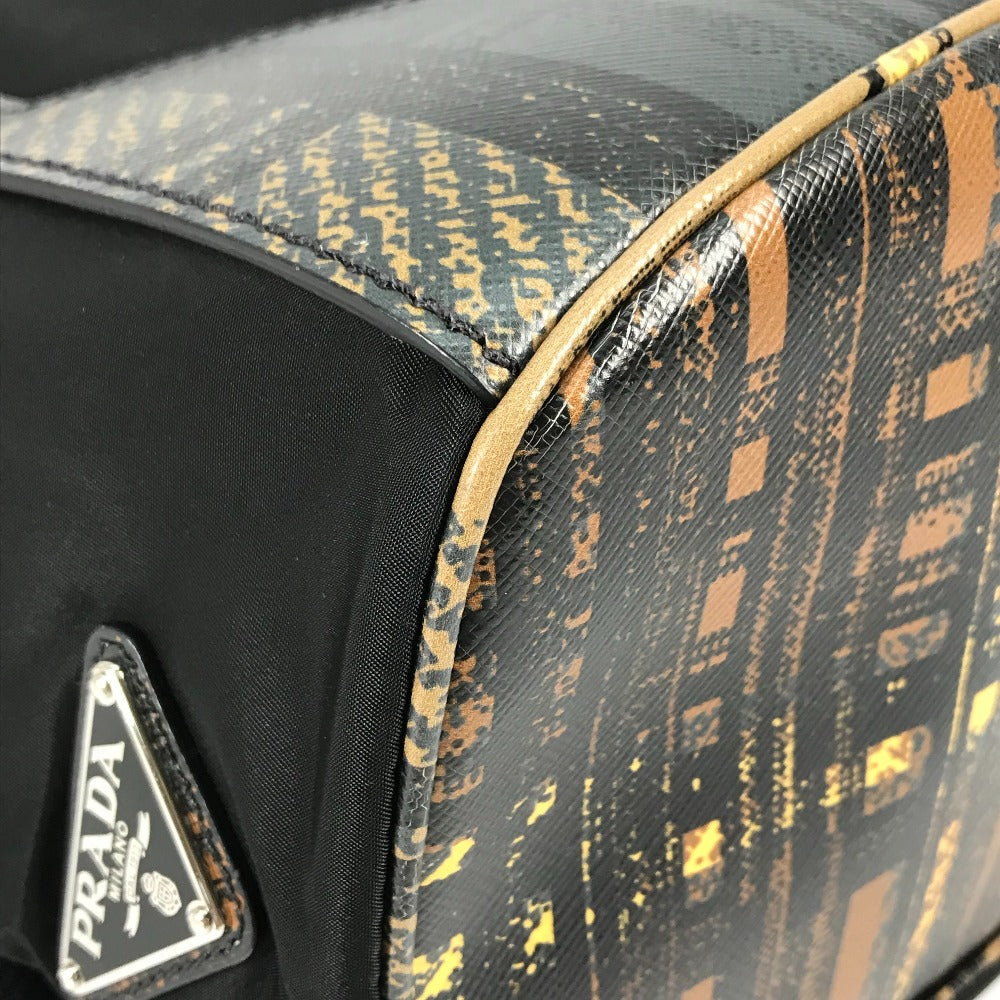 PRADA Backpack 1BZ038 Nylon / leather black Triangle logo plate check mens Used Authentic